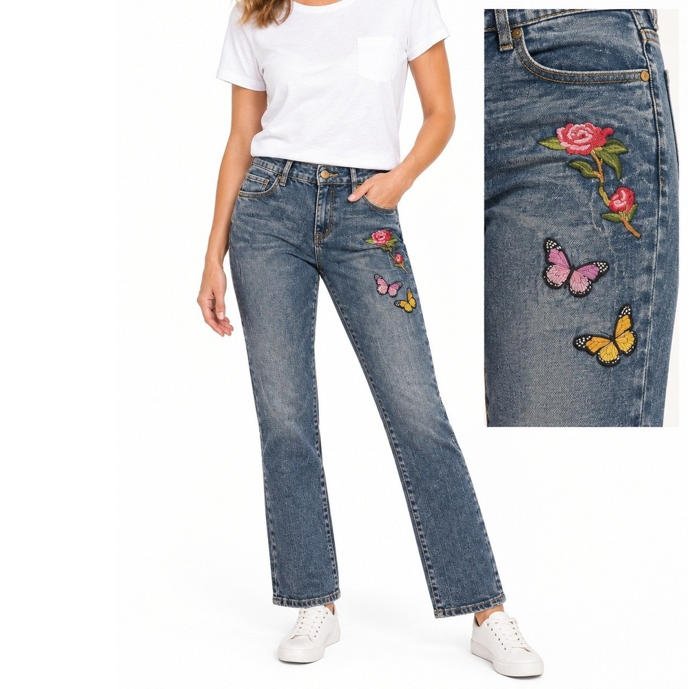 Twentyone Black Jeans Women 26 Blue Embroidered Butterfly Rose Acid Wash Y2K